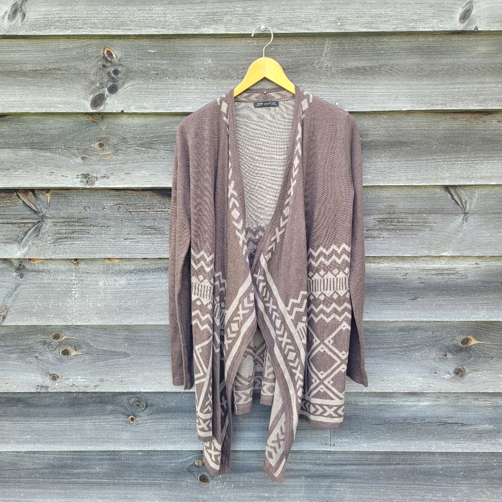Patterned open front cardigan waterfall brown cream geometric chevron - M/L